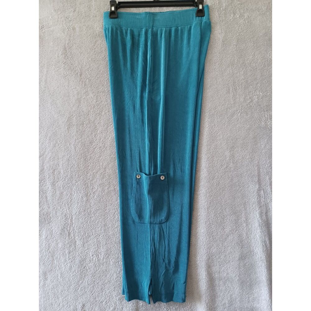 Chicos Travelers Cargo Pants S Teal PullOn Crop Ankle WideLeg Liquid Knit Casual